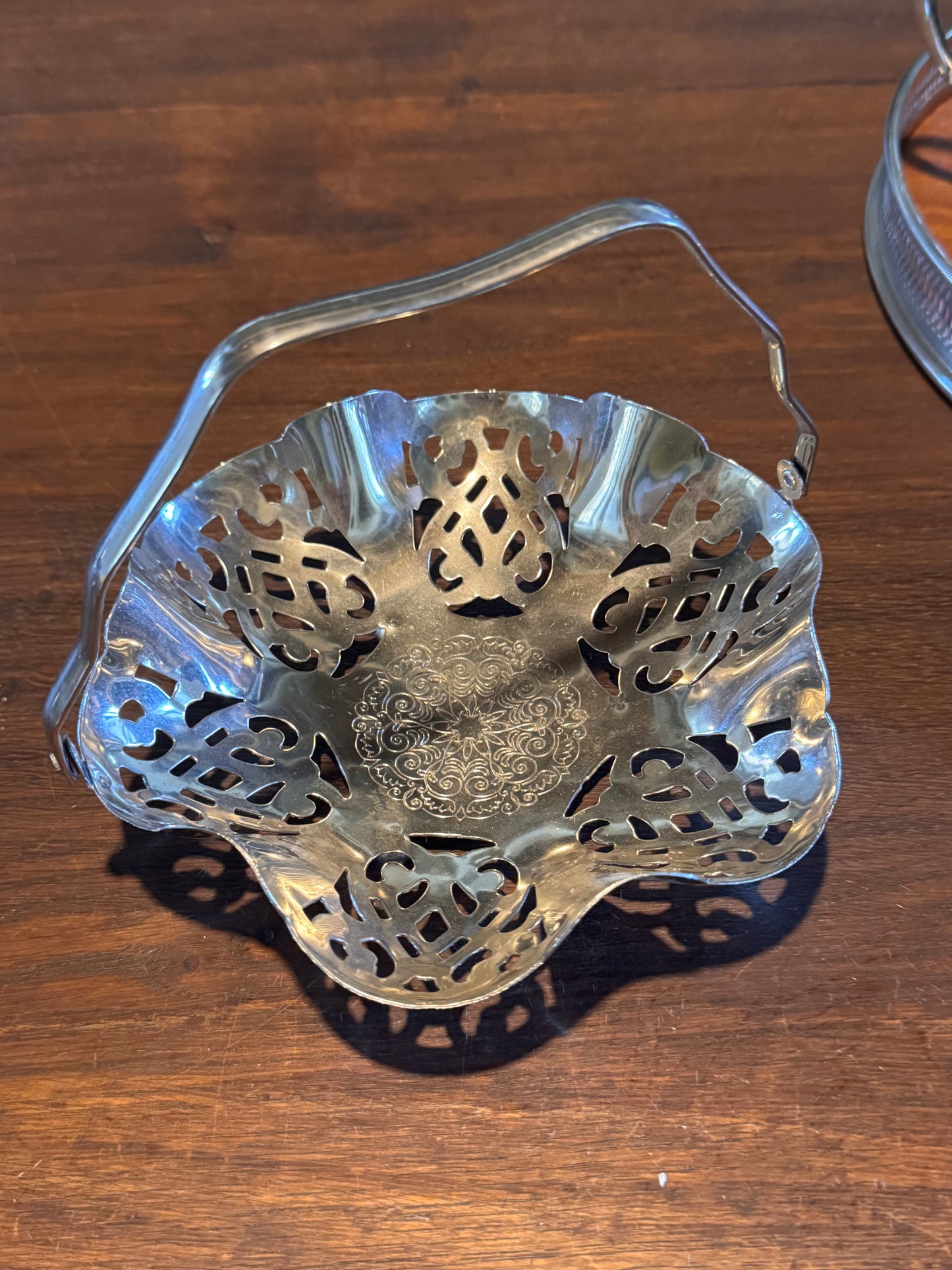 Silver Plate 
Basket Reticulated Chrome Handle 7.5” Vintage