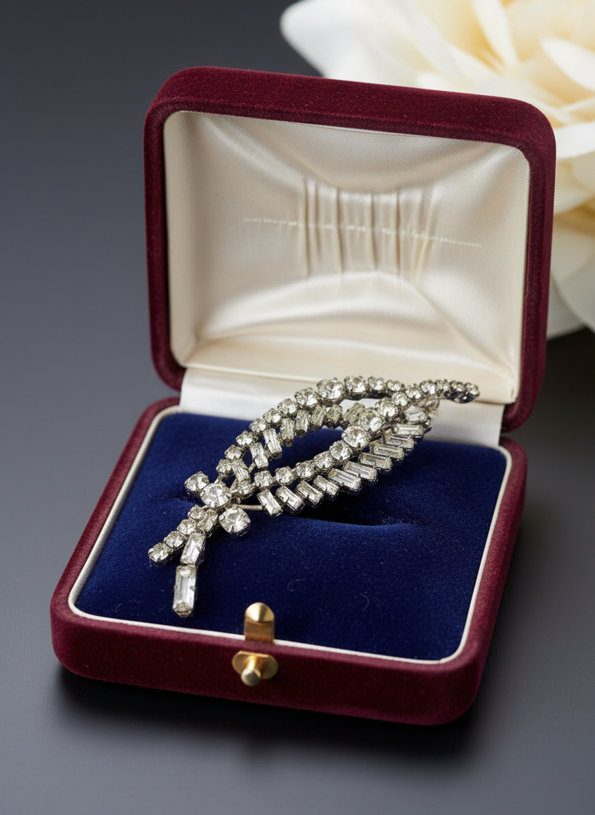 Vintage SIGNED Made In Austria Clear Rhinestone Brooch Estate Find