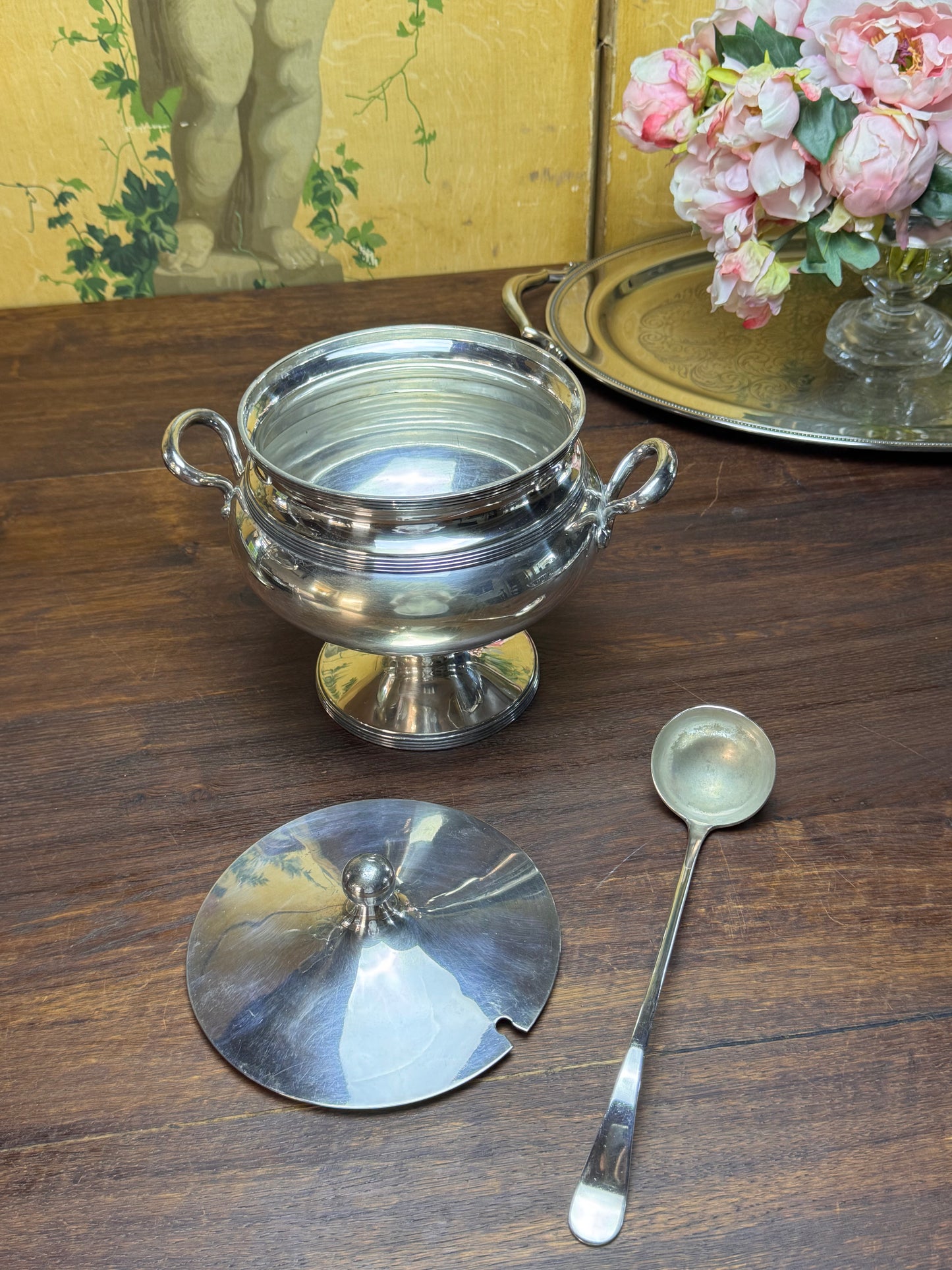 Antique Soup Tureen Lidded Footed Monogrammed Serving Bowl Ladle 9.5”