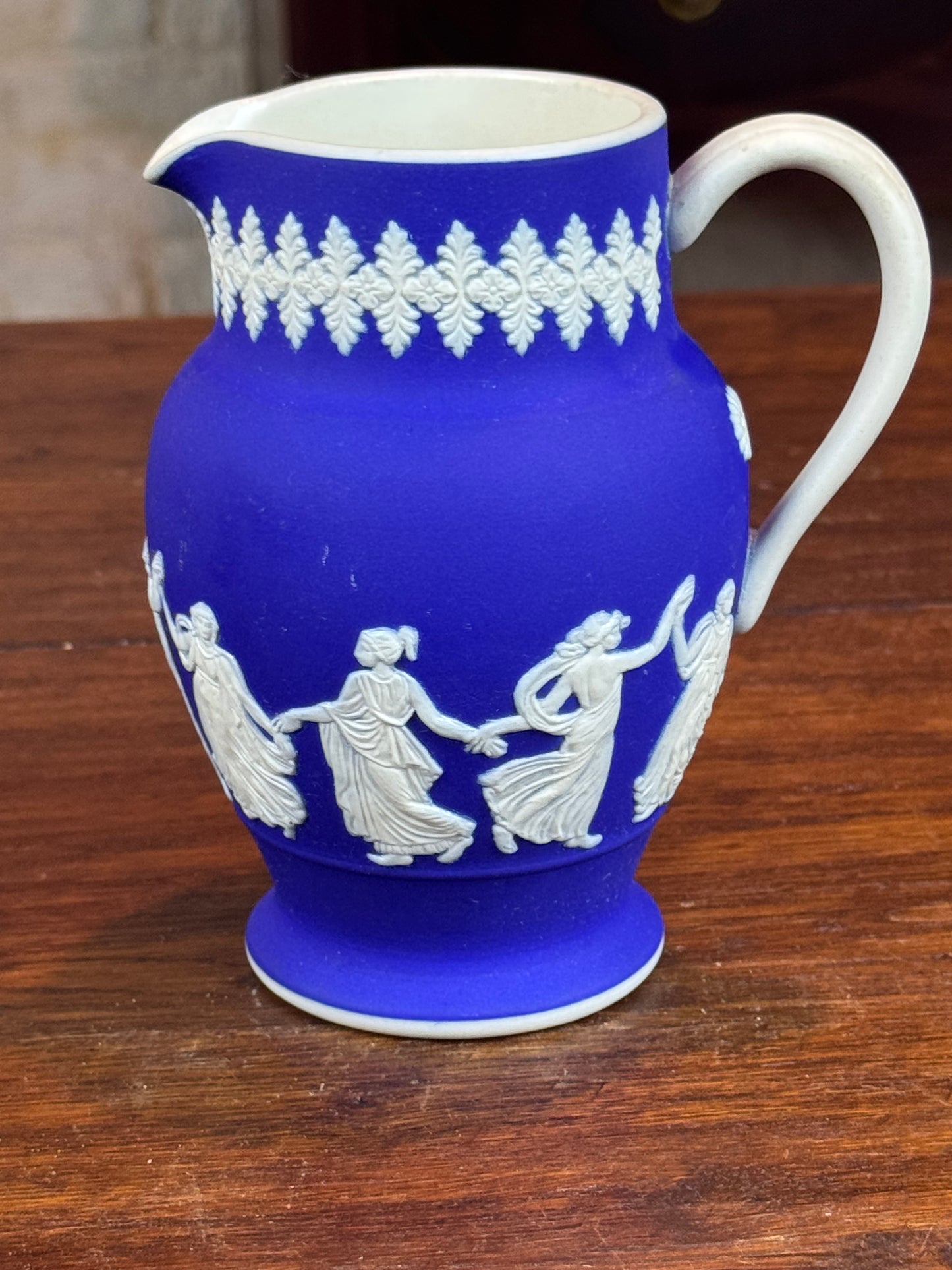 Vintage Dudson Hanley Jasper Ware Pitcher Jug Cobalt Blue Dancing Figures 5.5”