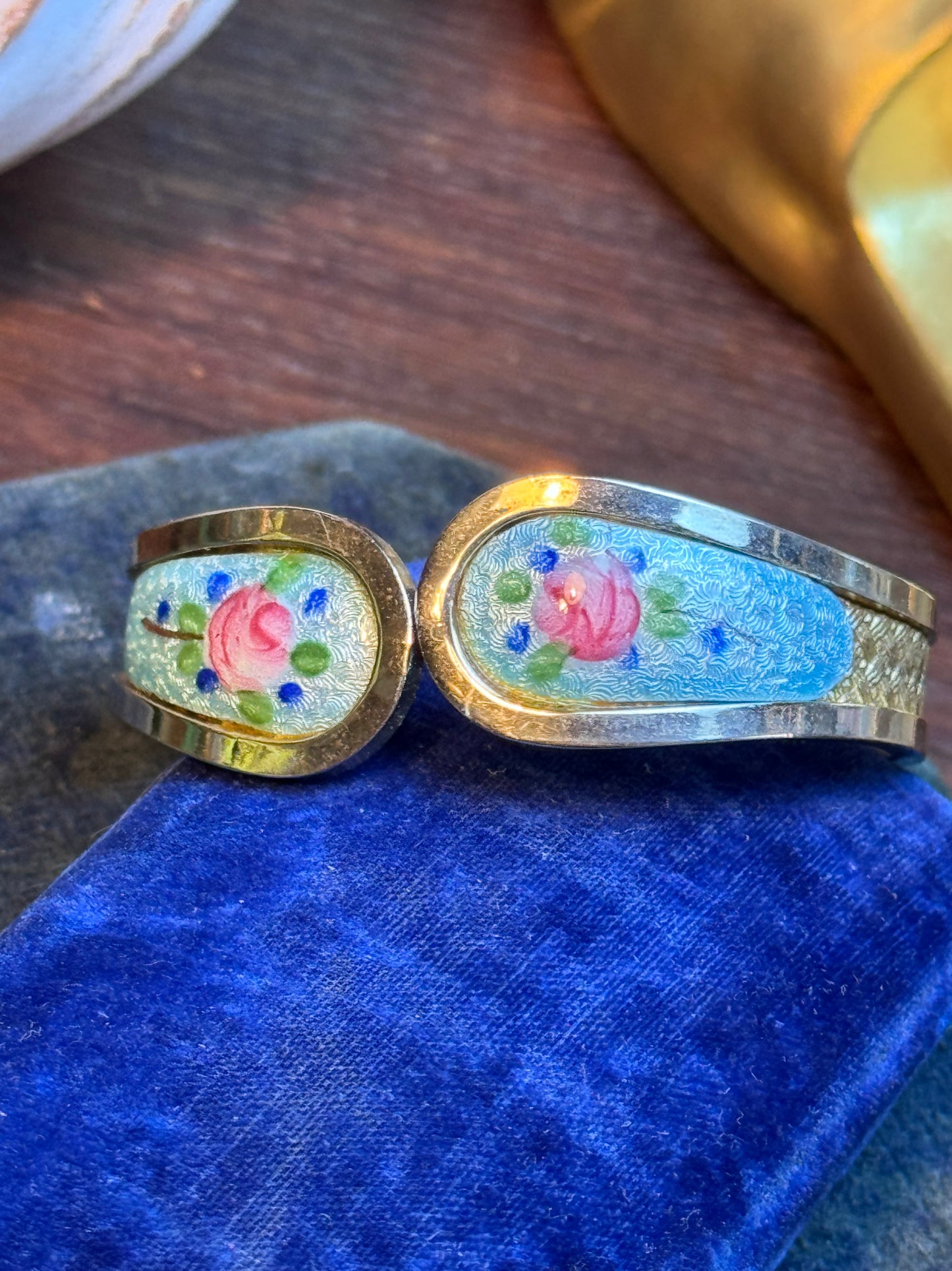 Vintage Guilloché Floral Clamp Bracelet Silver Goldtone Rose Design 6”