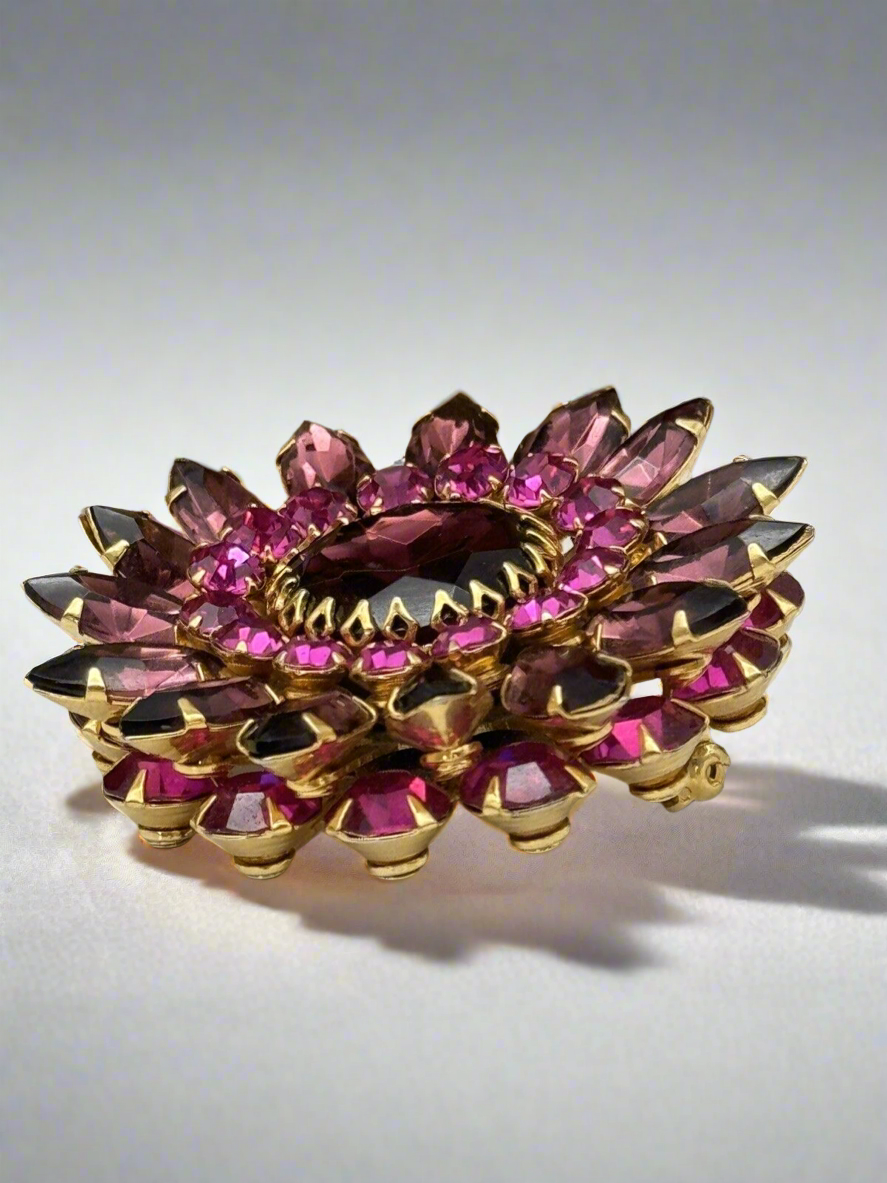 VINTAGE Judy Lee Brooch Rhinestone Mauve Purple Pink Layered Flower Gold Tone