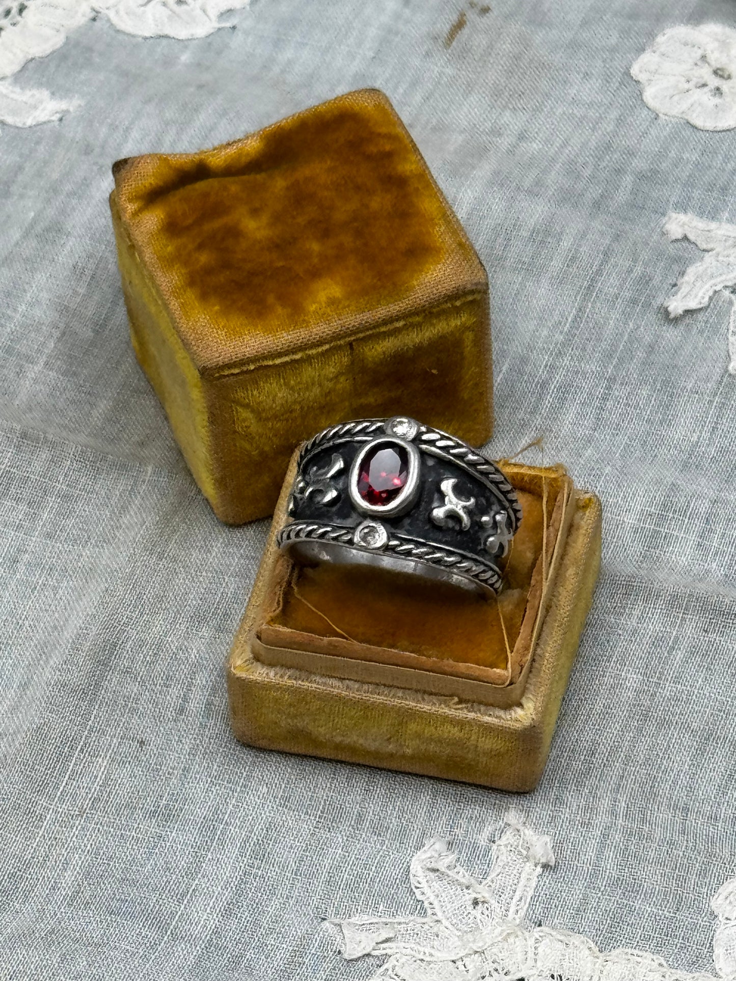 Sterling Silver Garnet Tone Ring Size 7.5 Wide Band Gothic Style 925