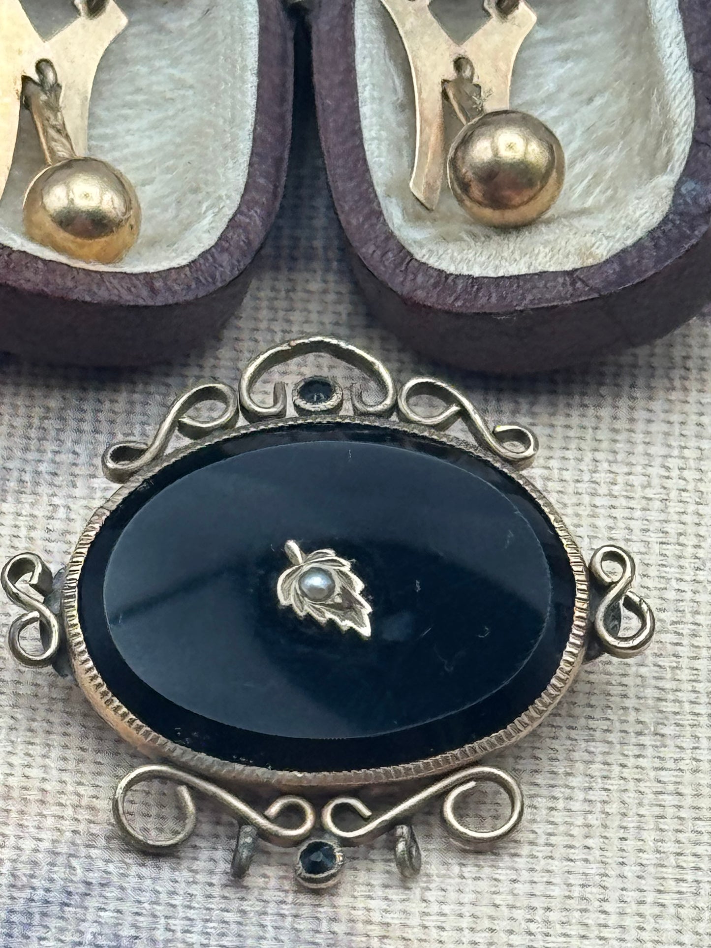 Victorian Gold-Filled Onyx & Seed Pearl Brooch & Earrings Set - Mourning
