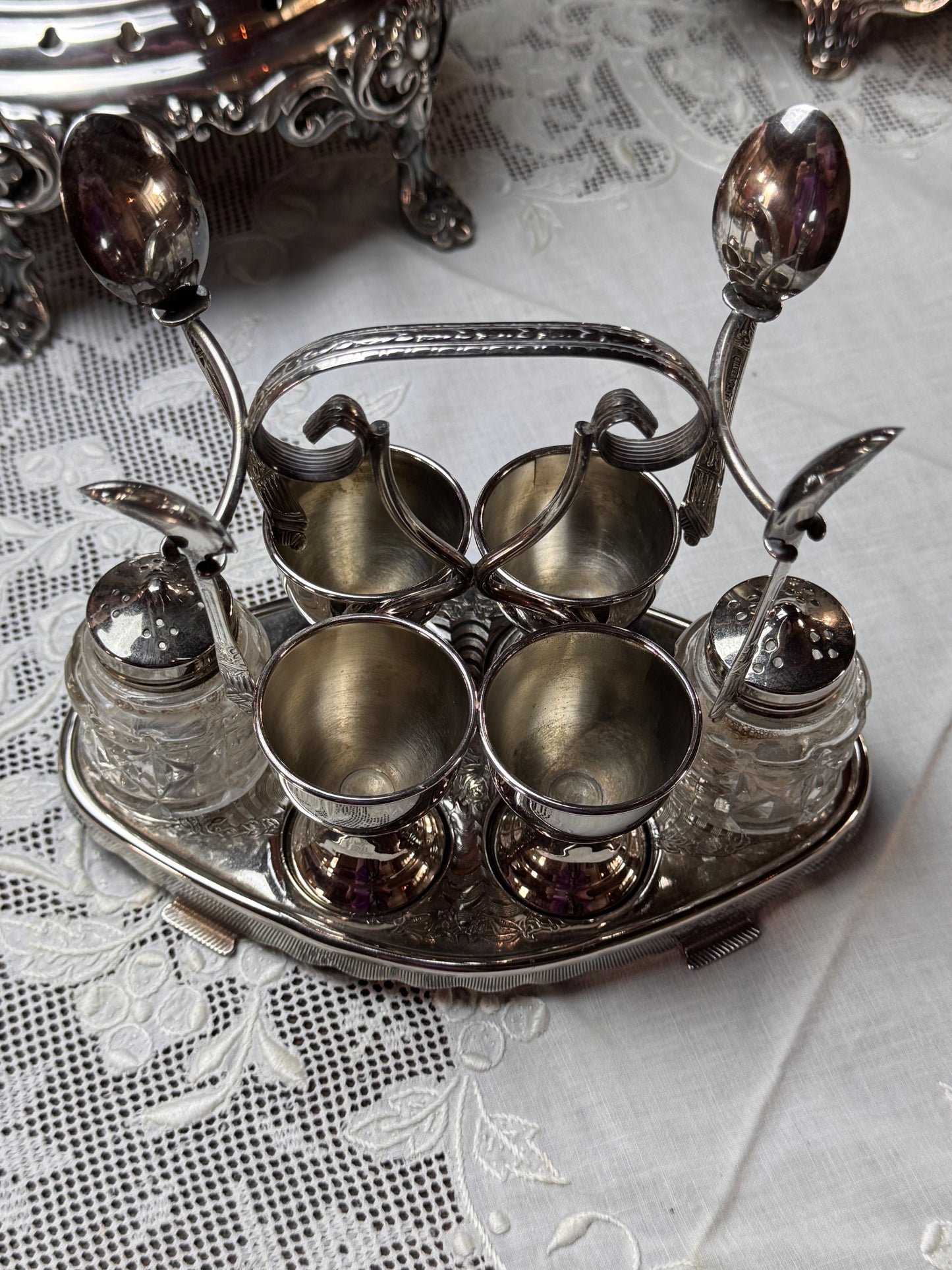 Early 20th Century Chrome Egg Cruet Set Apostle Spoons Salt Pepper Server 8”
