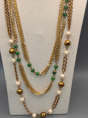 Vintage Necklace Lot Goldtone Faux Pearl Chain Green Bead Long 36” 60”