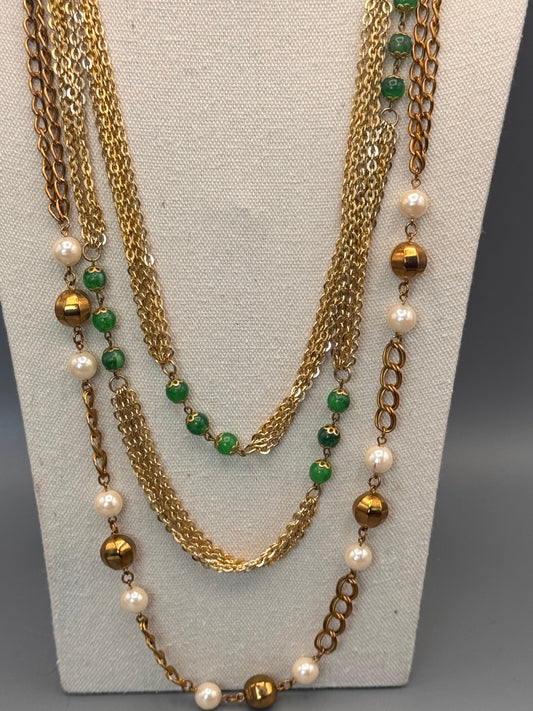 Vintage Necklace Lot Goldtone Faux Pearl Chain Green Bead Long 36” 60”