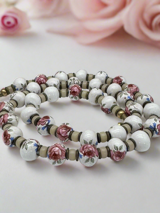 Vintage Painted Rose Porcelain Beads With Glass Necklace 27“ ESTATE FIND