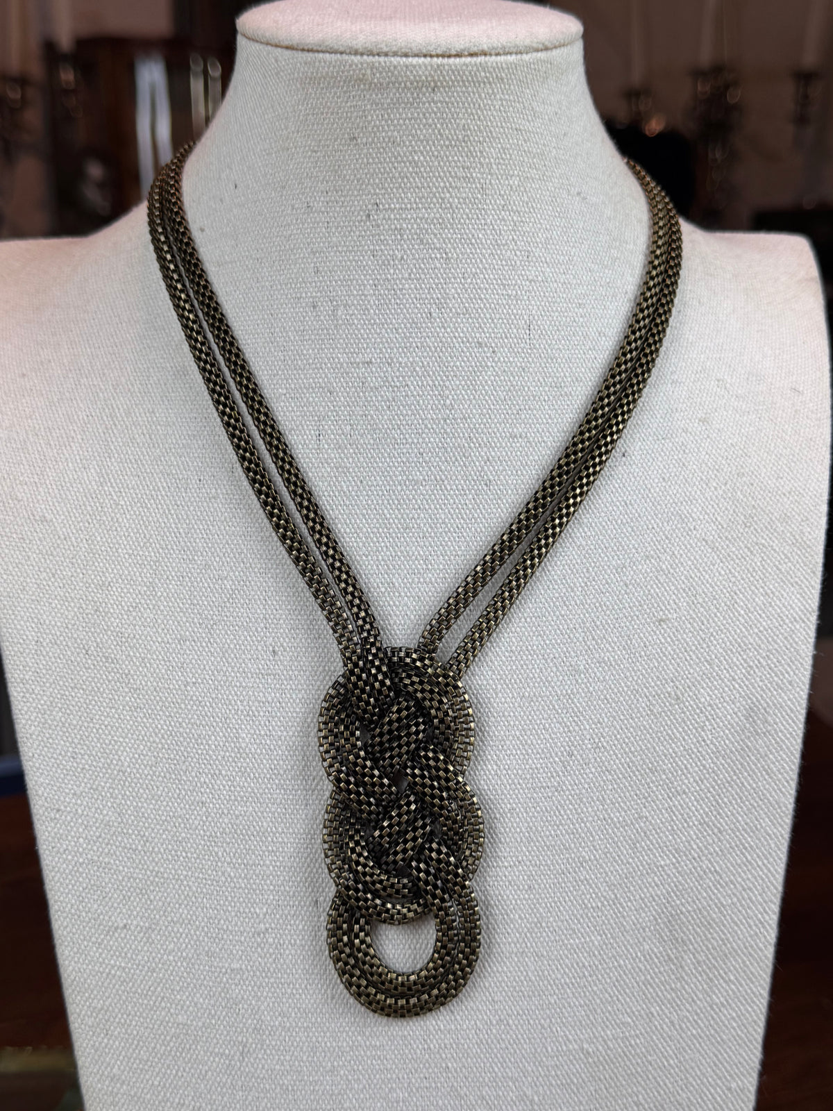 Cookie Lee Necklace Woven Knot Statement Pendant Goldtone 23”