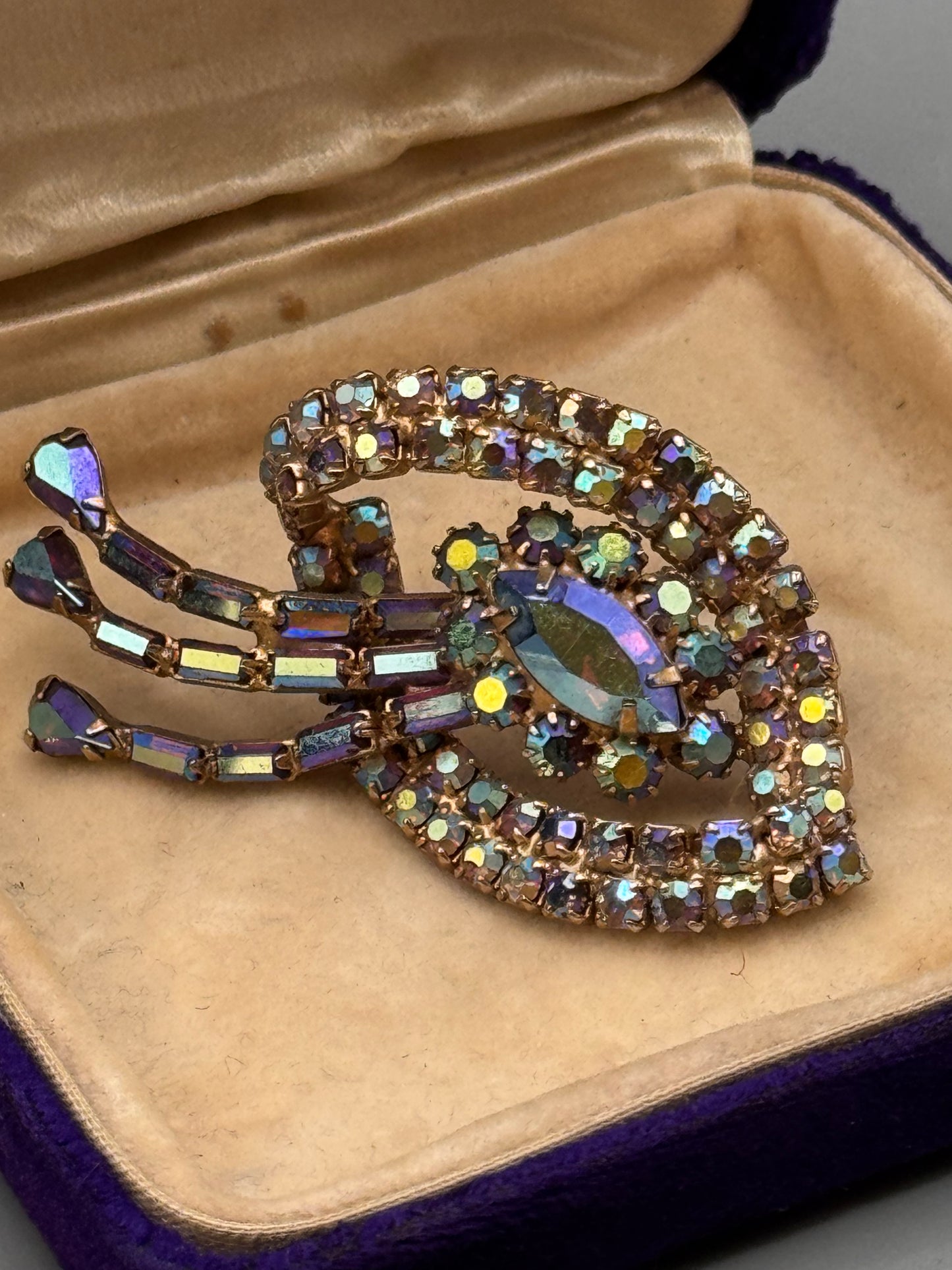 Vintage AB Rhinestone Brooch Blue Aurora Borealis Dangle Statement Pin