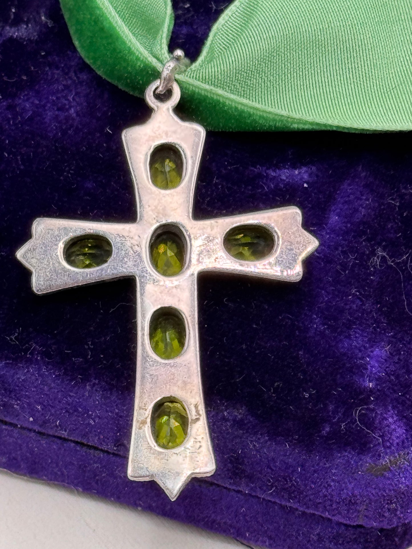 Vintage Sterling Silver Cross Pendant Peridot Green Stones 2.25” Statement Necklace