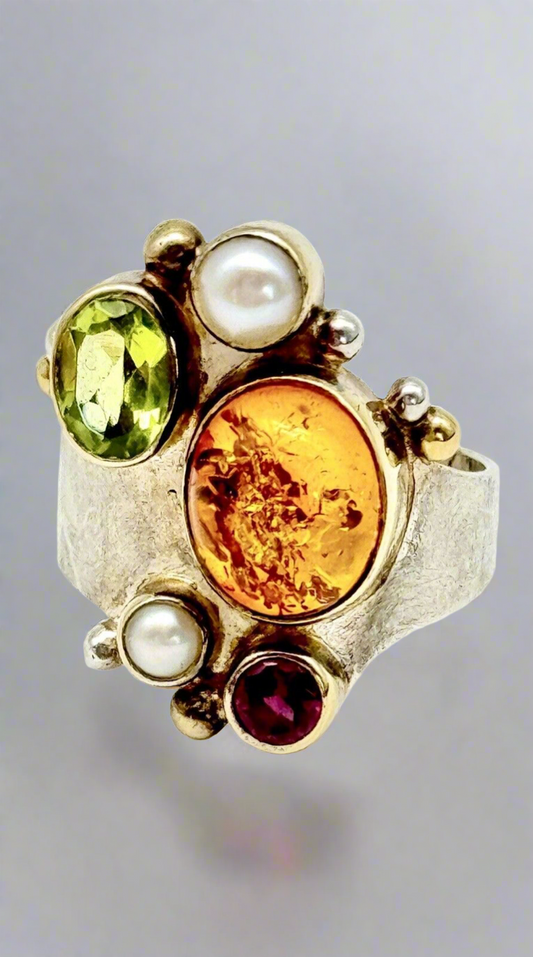 Pre-Loved MICHOU RING  7 Sterling Amber Peridot Rhodolite Amethyst Pearl Garnet