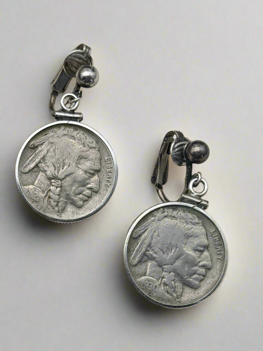 Vintage Buffalo Coin Earrings 1930s Clip-on