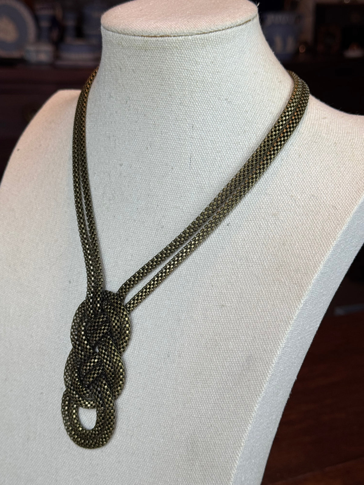 Cookie Lee Necklace Woven Knot Statement Pendant Goldtone 23”