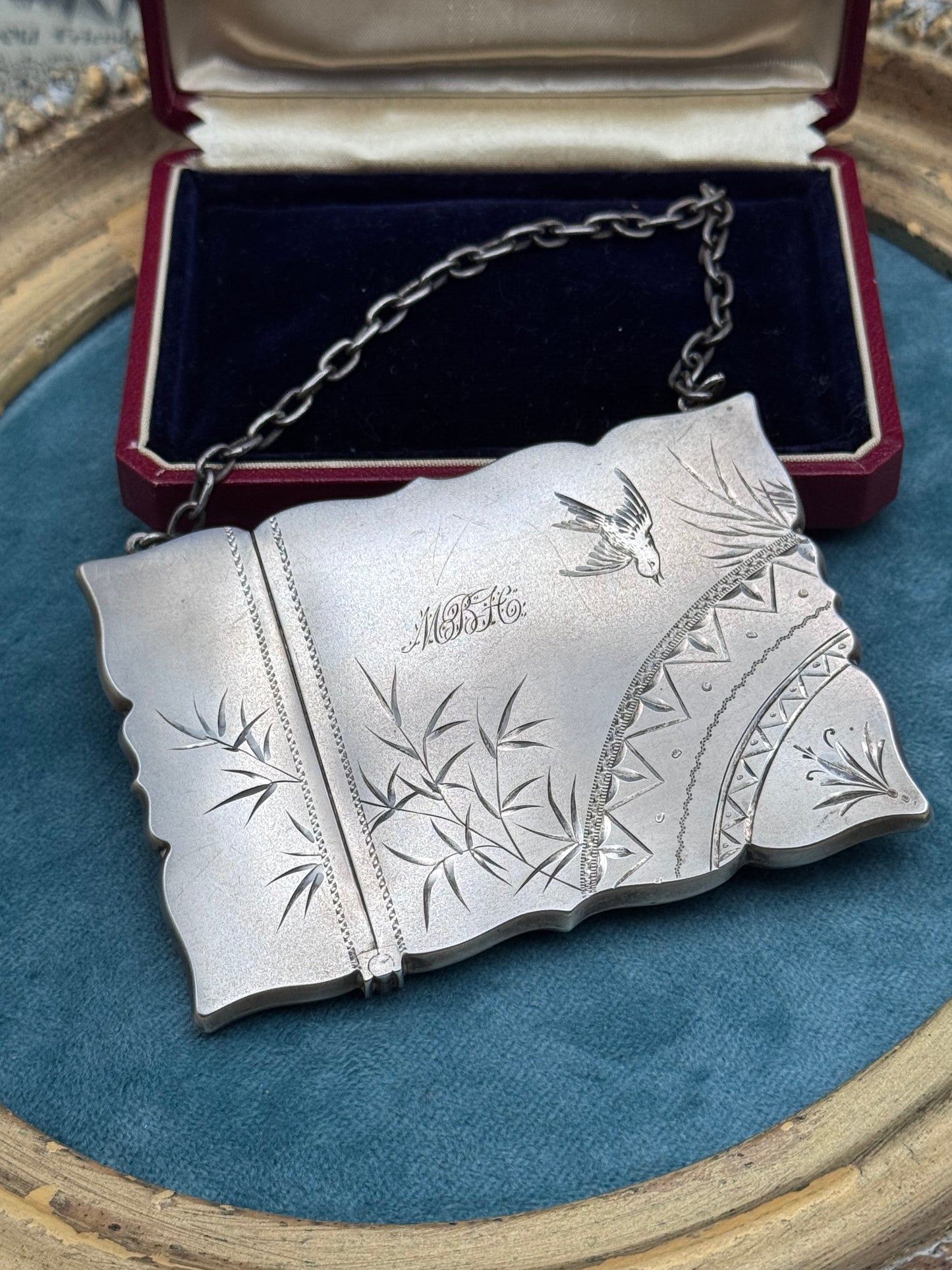 Antique Victorian Calling Card Case Aesthetic Movement Bird Bamboo STERLING Silver - Monogram MBH Fits Credit Card!!