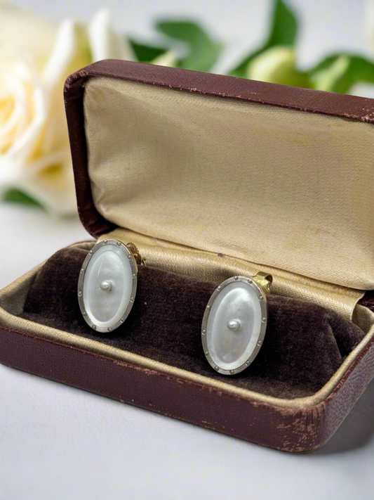 Art Deco 14kt Gold TESTED Mother Of Pearl & Seed Pearl Earrings Cvted. Cufflinks