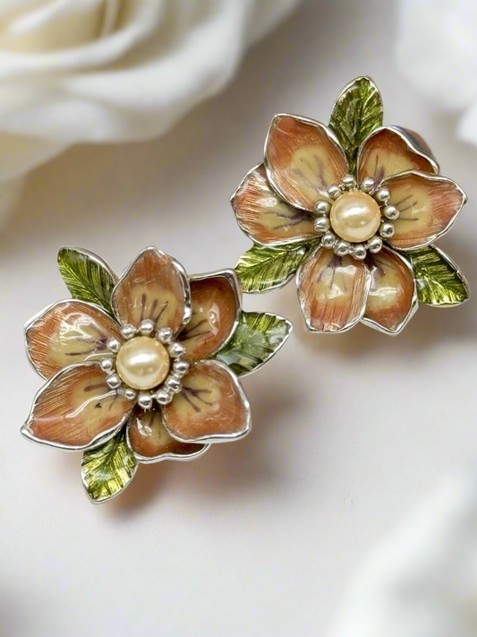 Joan Rivers Faux Pearl Enamel Flower Blossom Silvertone Earrings ESTATE FIND