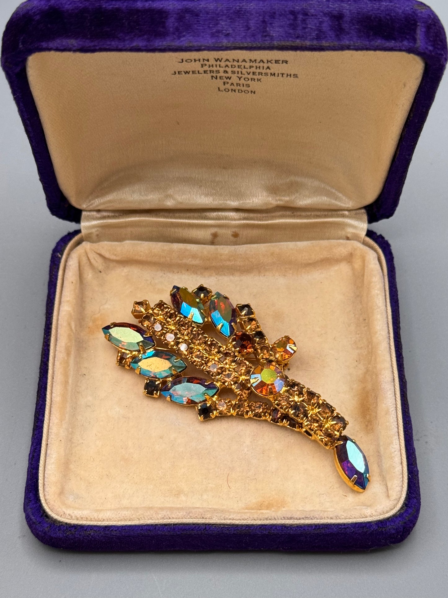 Vintage AB Rhinestone Brooch Goldtone Floral Spray Statement Pin 4” Large