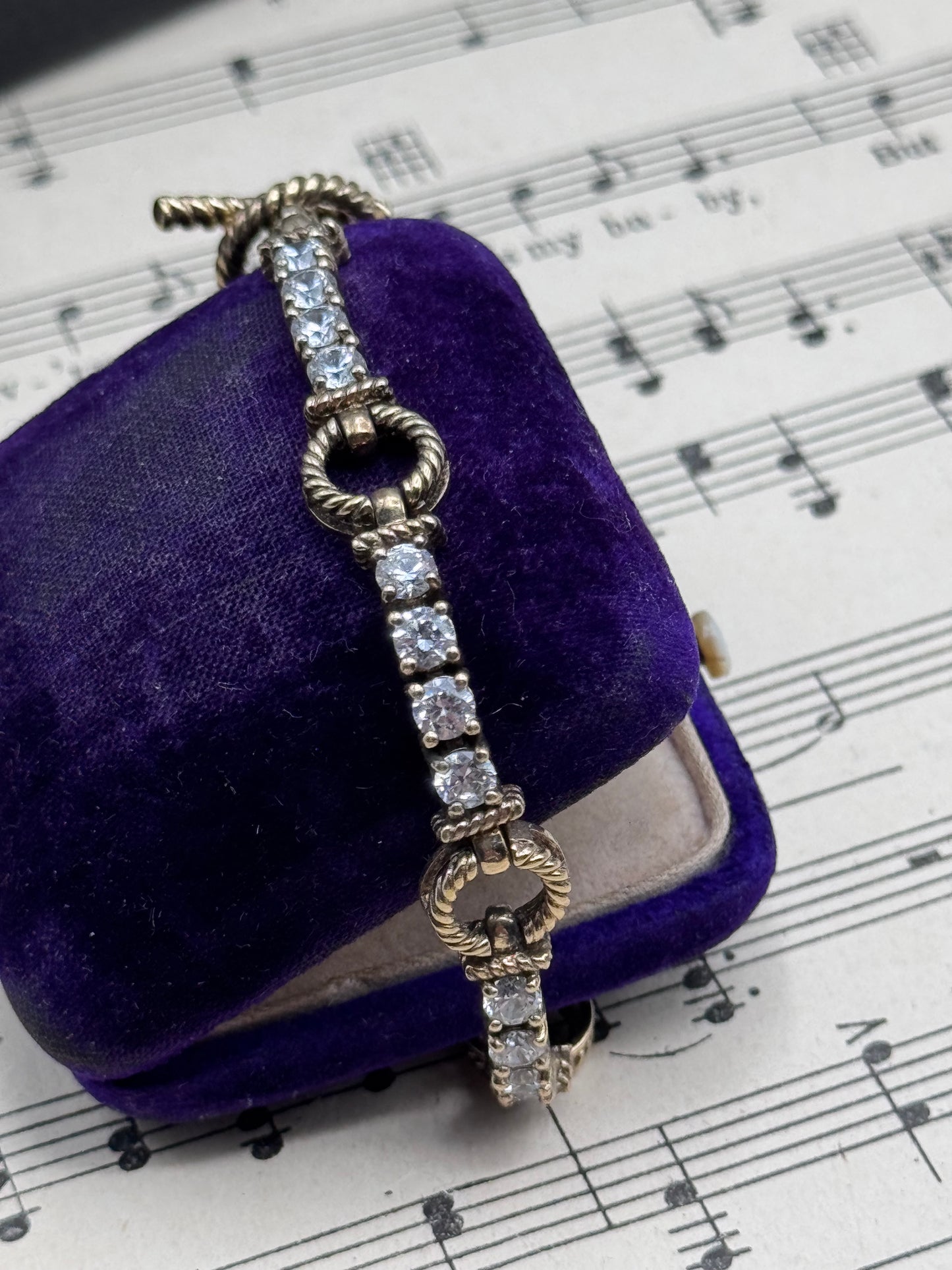 Sterling Silver CZ Toggle Bracelet Gold Plated Thailand Rope Link 7.5” Vintage