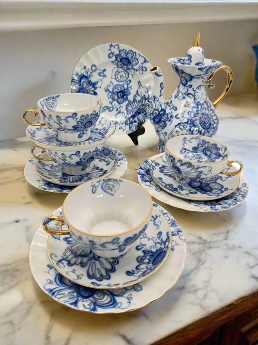 Lomonosov Imperial Porcelain Tea/Coffee Set – 13 Pieces – “Singing Garden” – Blue & White with Gold Accents – Made in Russia