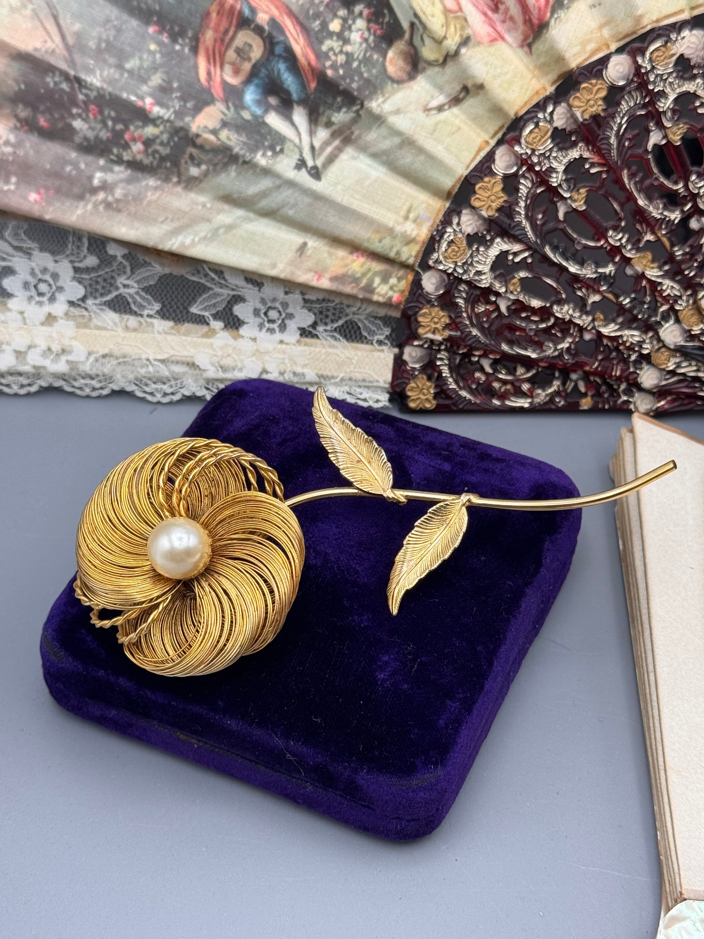 Vintage Hattie Carnegie Flower Brooch Goldtone Faux Pearl Statement 4.75”