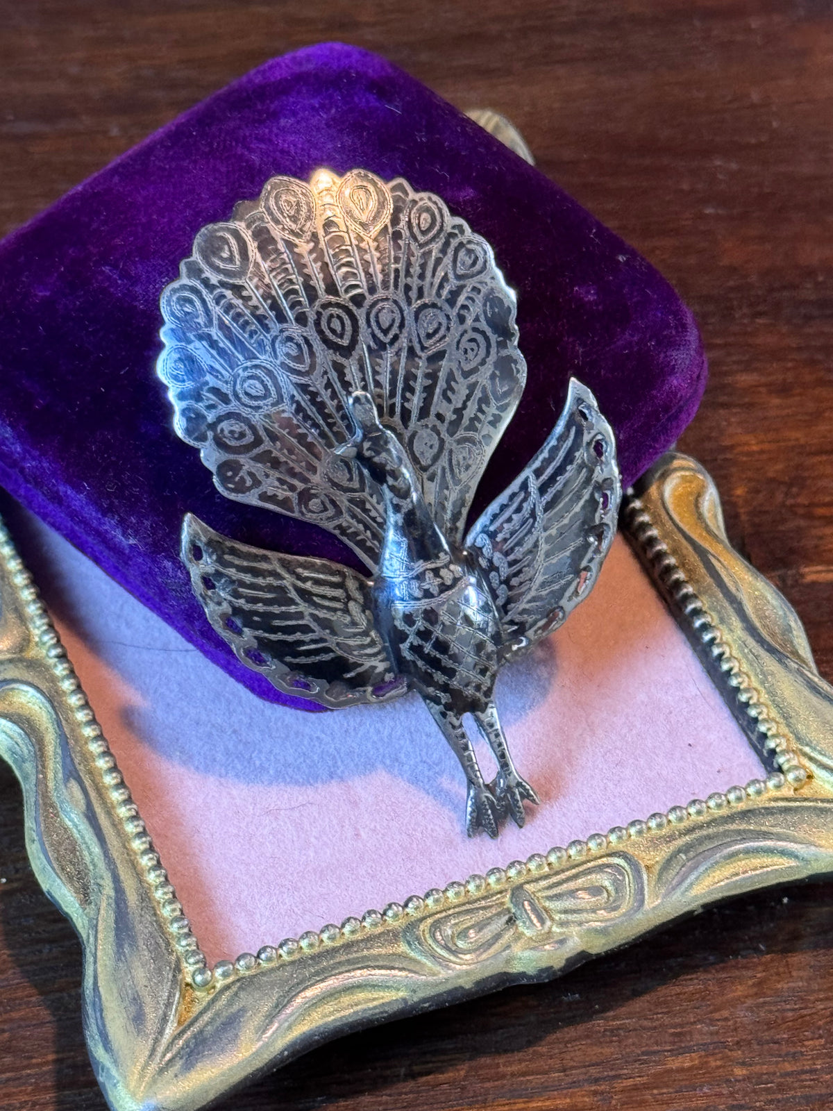 Vintage Siam Sterling Silver Peacock Brooch Articulated Niello Thailand