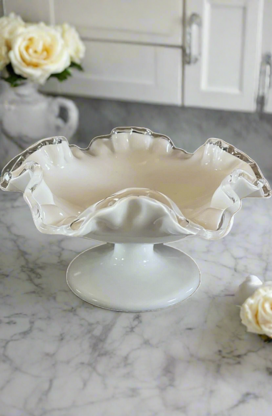 Fenton Silver Crest Style White Milk Glass Ruffled Crimped Rim Bowl VINTAGE