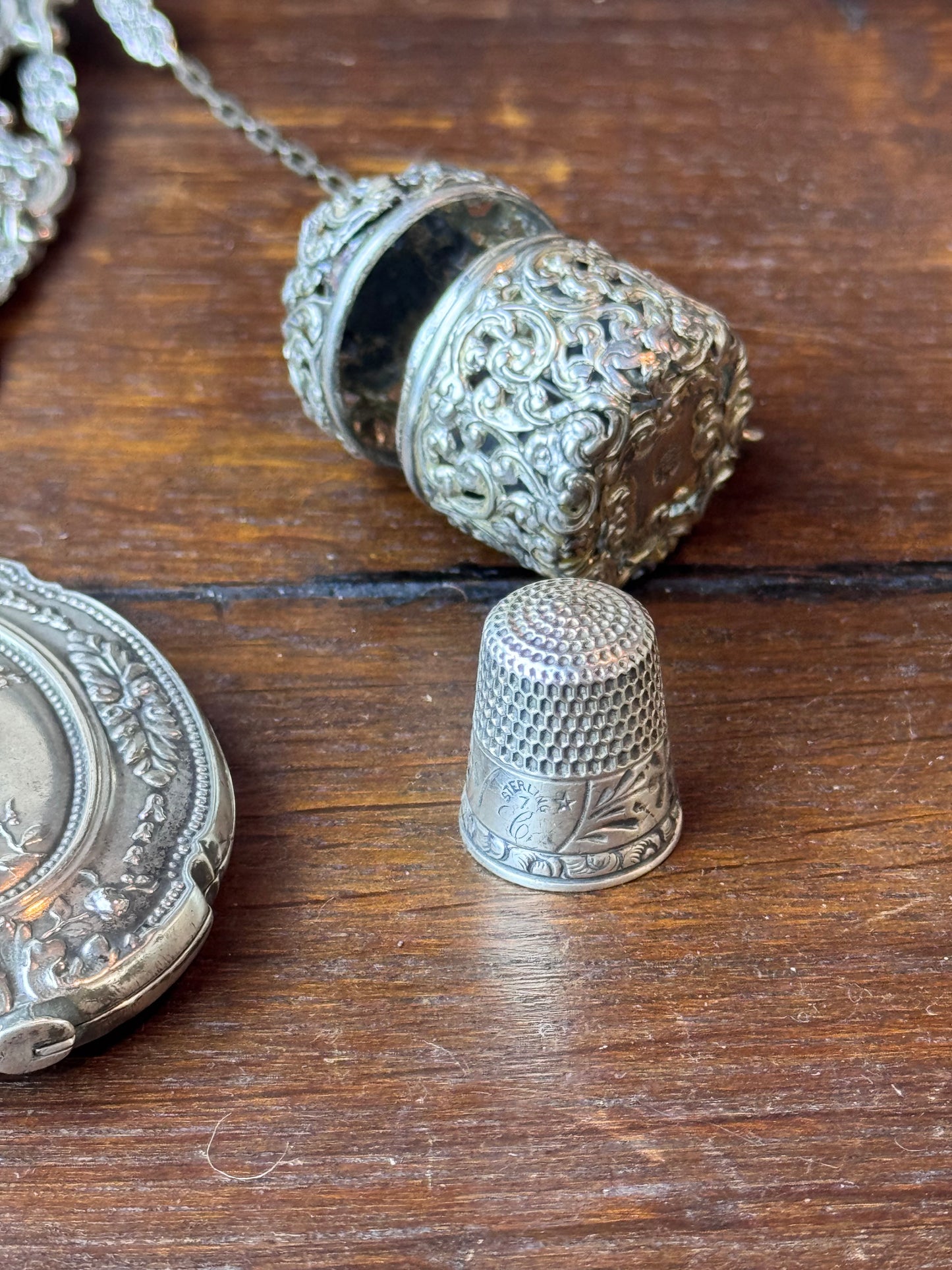 Antique Sterling Silver Chatelaine Mirror Needle Case Thimble 1911 Birmingham 8”
