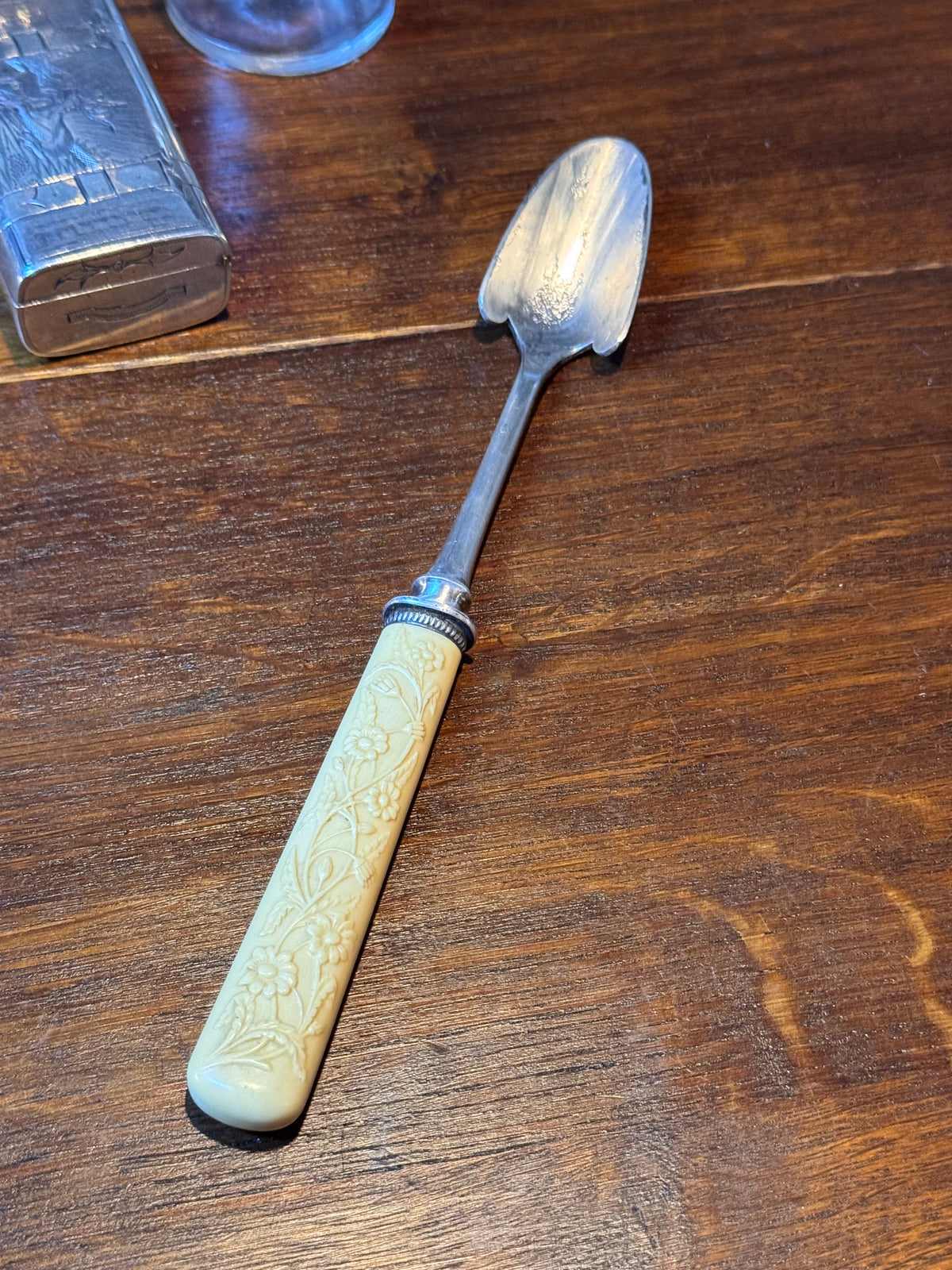Antique Stilton Cheese Scoop Celluloid Floral Handle Silver Plate Serving Utensil