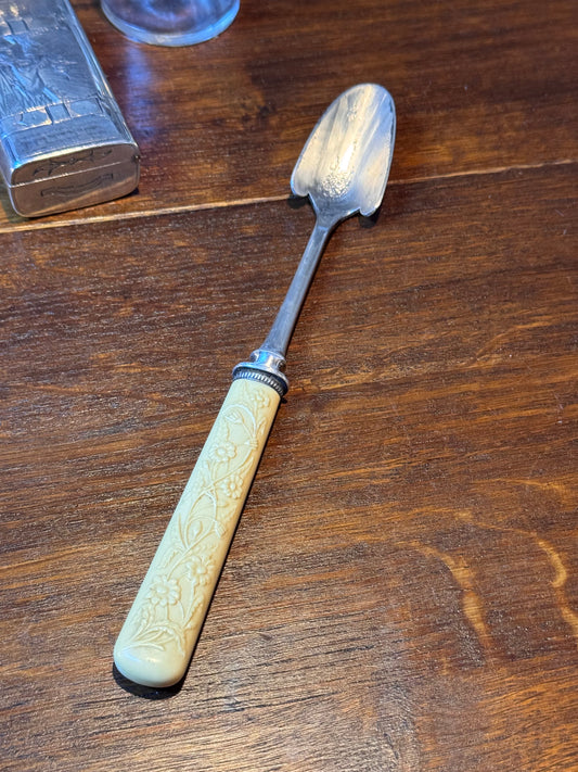Antique Stilton Cheese Scoop Celluloid Floral Handle Silver Plate Serving Utensil