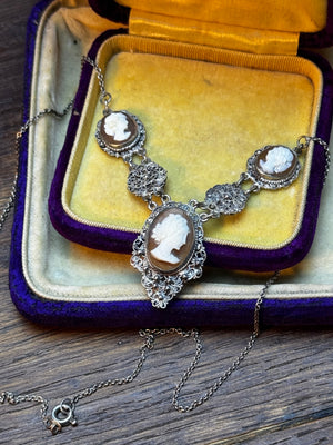 Antique Sardonyx Shell Cameo Necklace “Italian” Filigree 16.5” 800 Silver