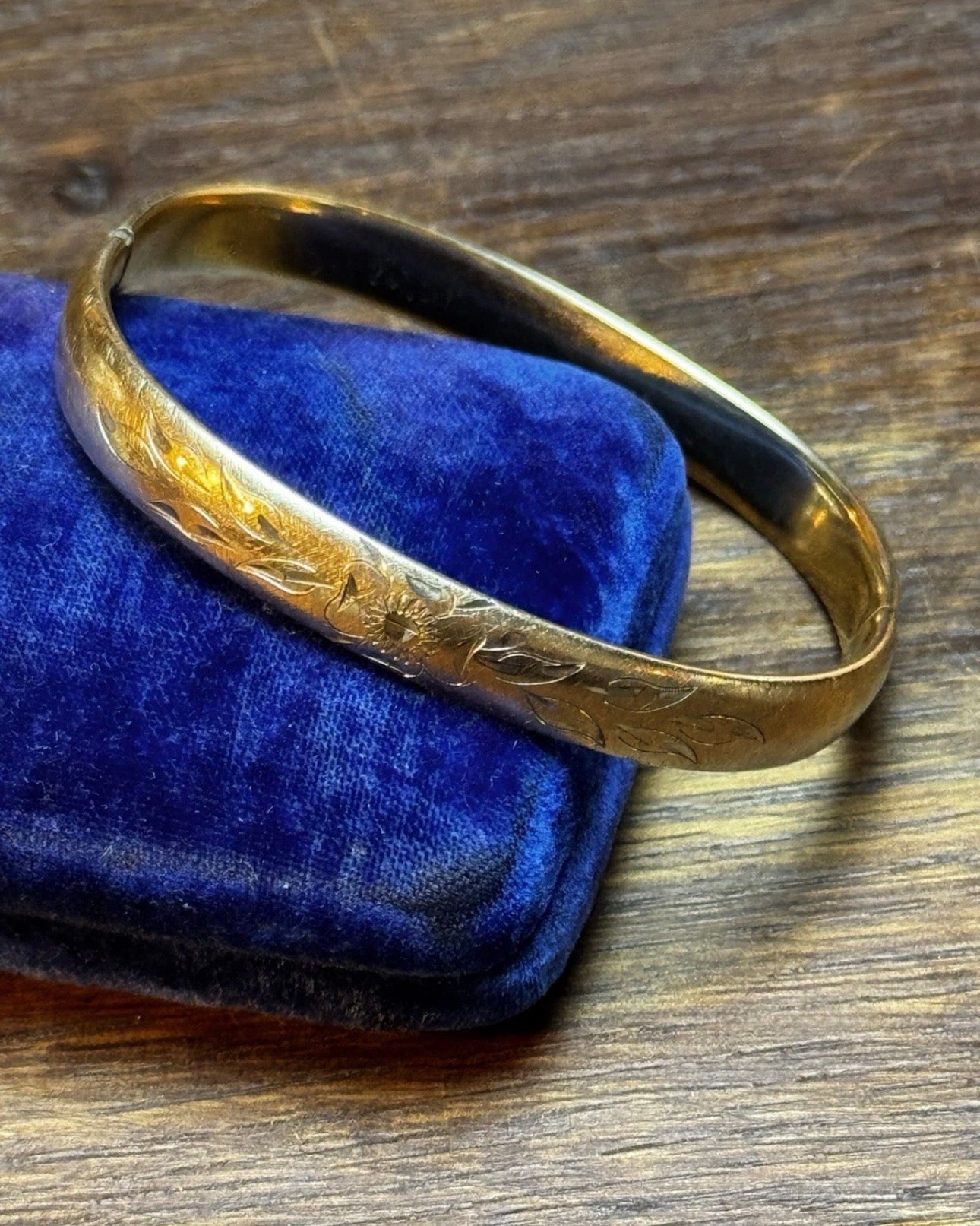 Gold-Filled Bangle Bracelet Hinged Floral Engraved 7” BRUSHED