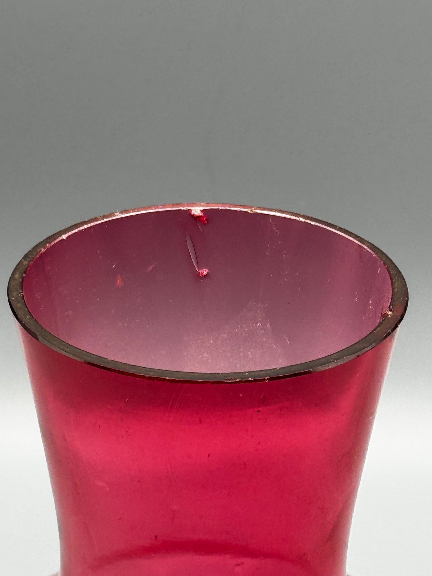 Vintage Mary Gregory Style Cranberry Glass Vase Hand Painted Child 8.5”