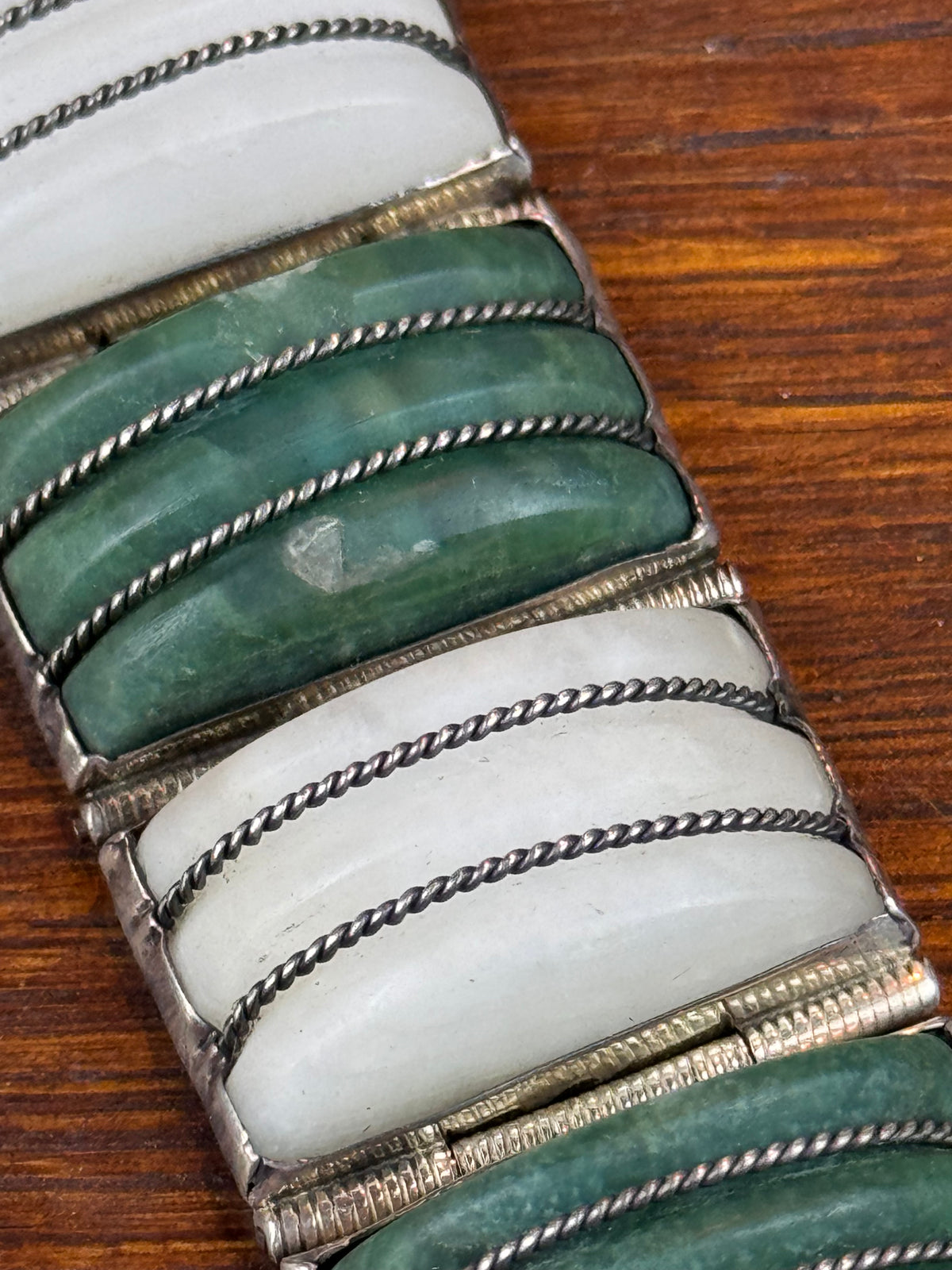 Vintage Silver Bracelet Earrings Mexico Green White Stone Articulated Set