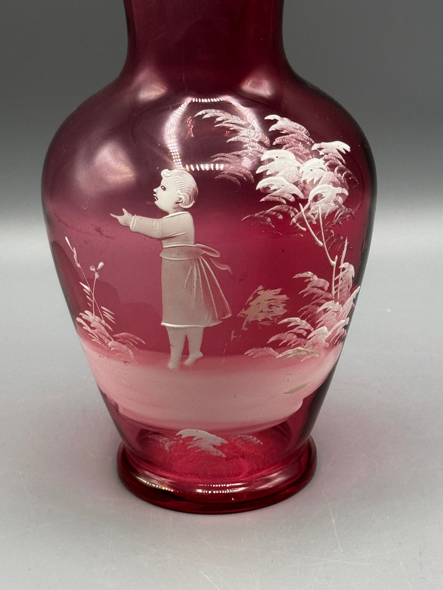 Vintage Mary Gregory Style Cranberry Glass Vase Hand Painted Child 8.5”