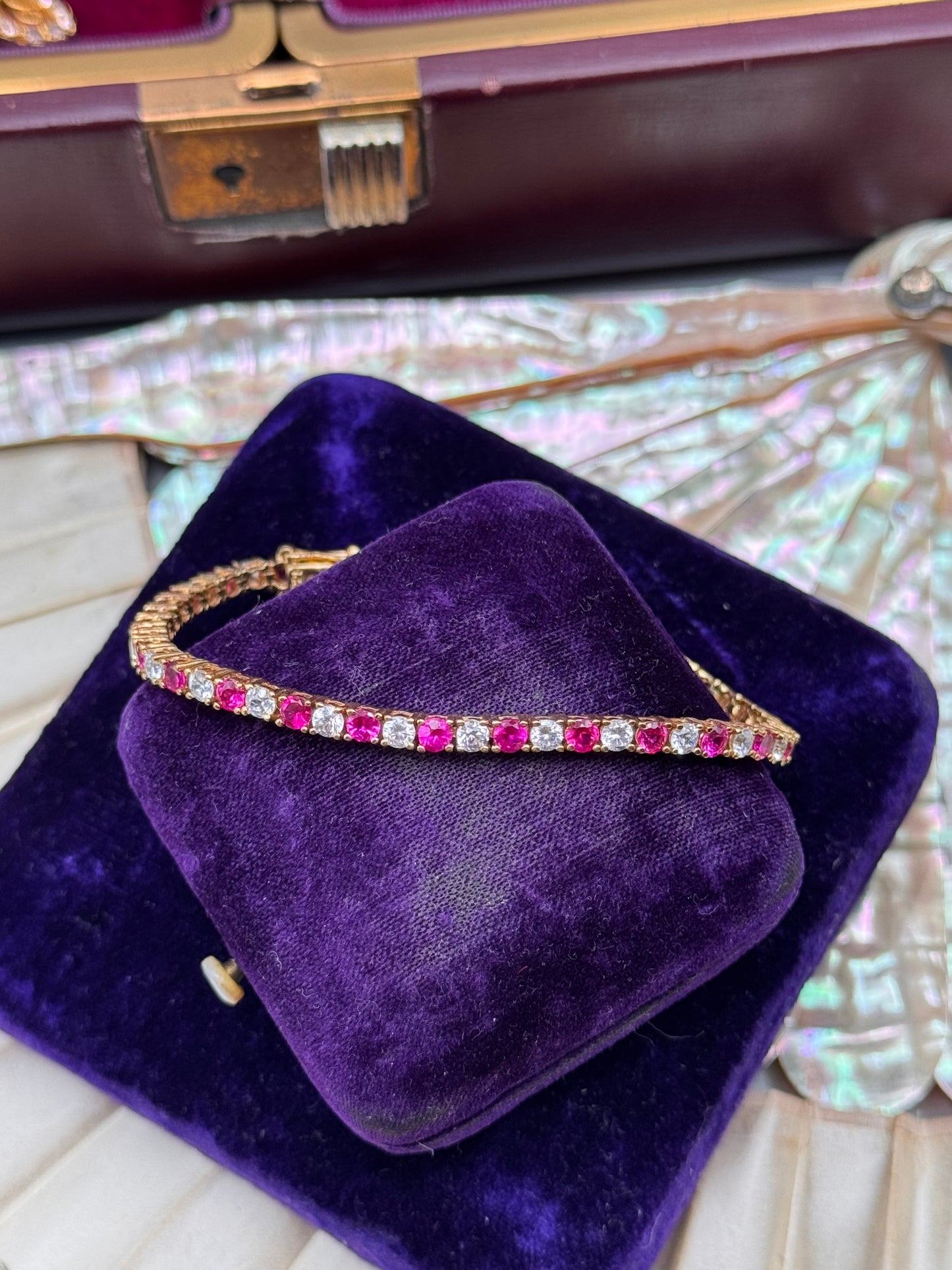 Vintage Tennis Bracelet Pink Clear Stones 925 Gold Vermeil 6.75”