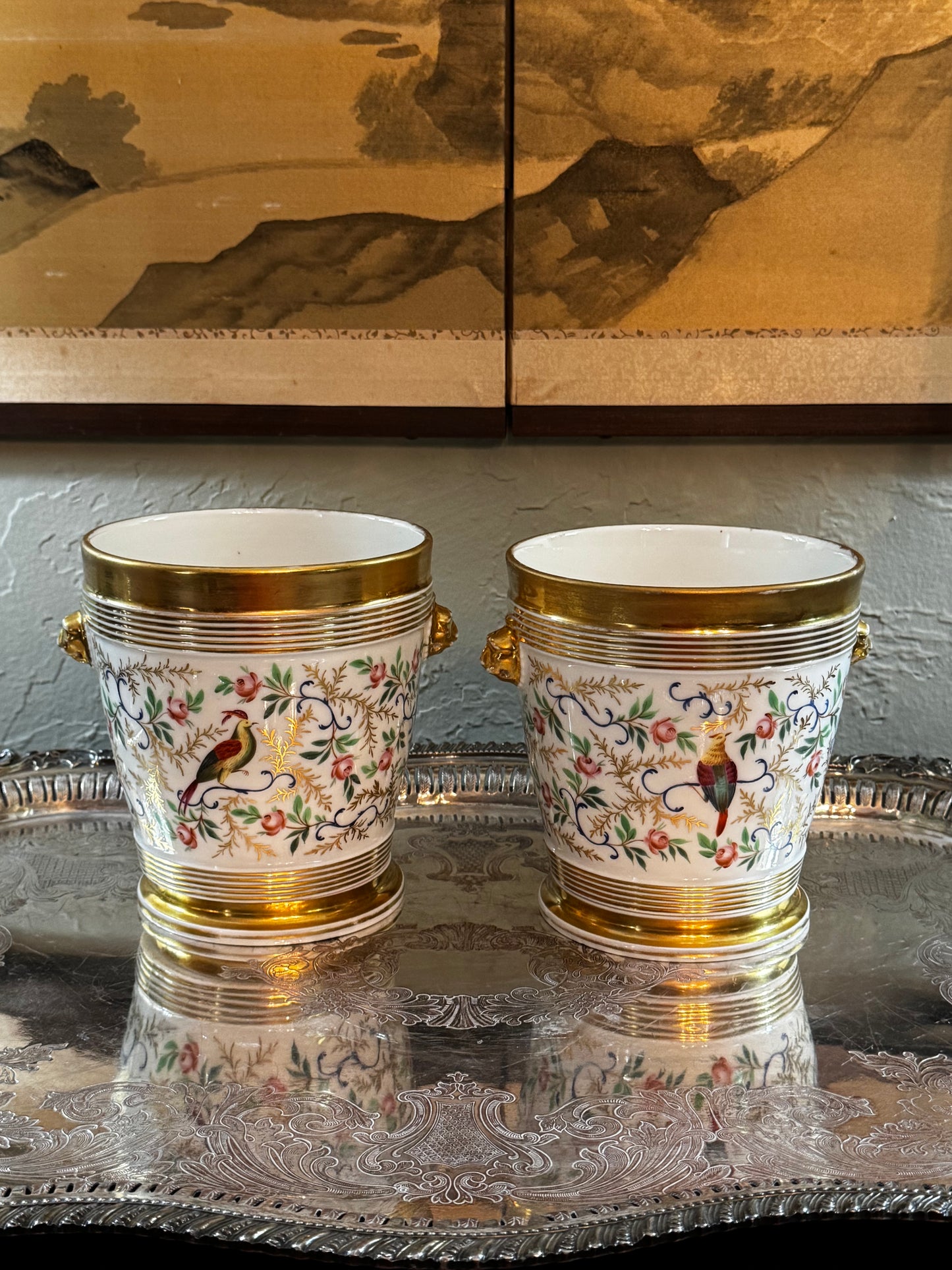 Antique Paris Porcelain Cachepot Planter Pair Hand Painted Bird Motif 19th Century