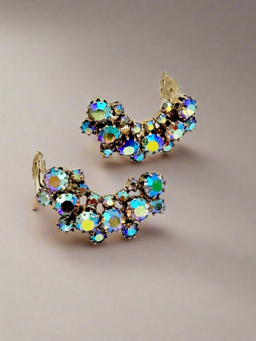 Verified JULIANE D&E  Earrings Blue Crescent AB RHINESTONE Ref #1250