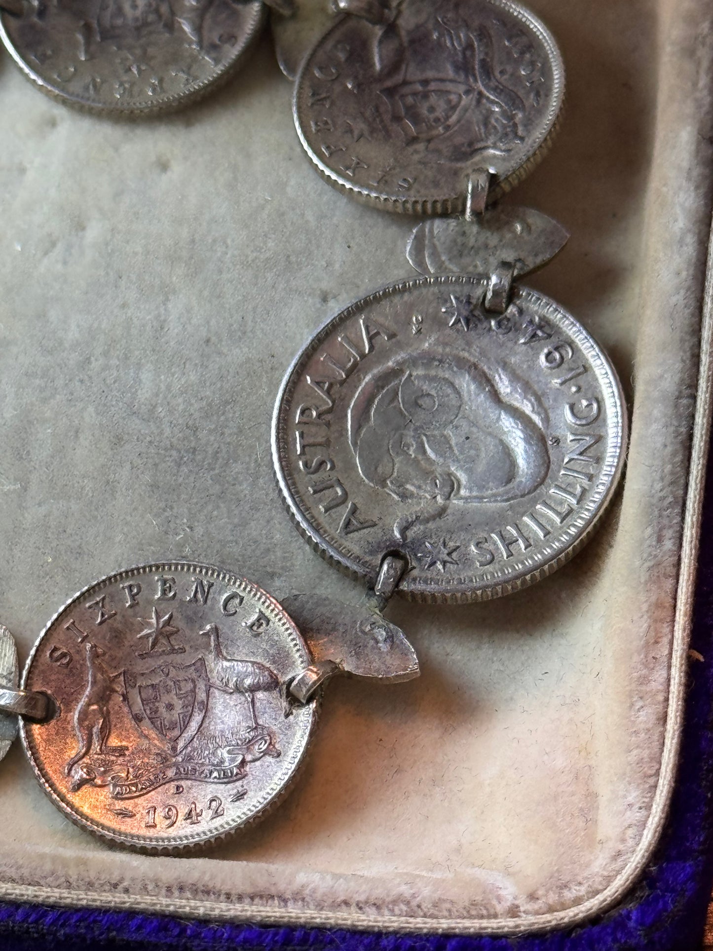 Australian Sterling Silver Coin Bracelet 7” 1942 1943 Shilling Sixpence