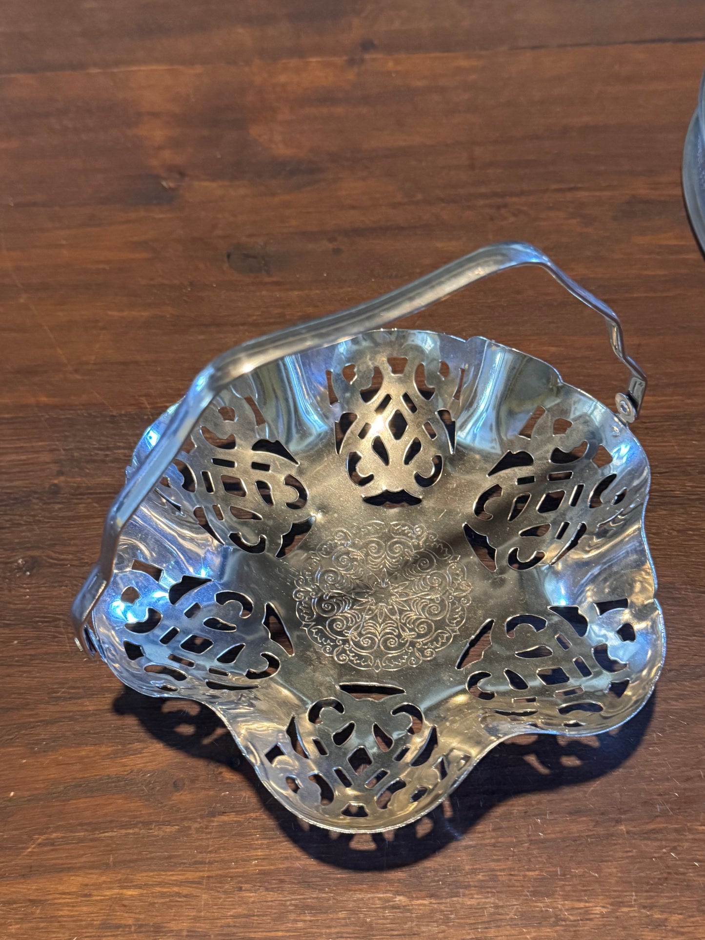 Silver Plate 
Basket Reticulated Chrome Handle 7.5” Vintage