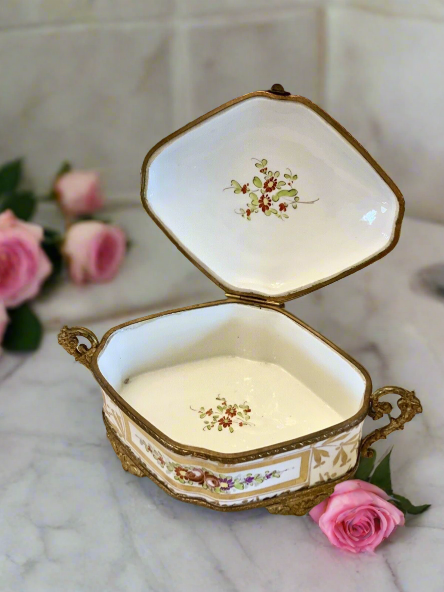 French Ormolu Jewelry Case LG Rose Gold Decor Porcelain Made In France ANTIQUE