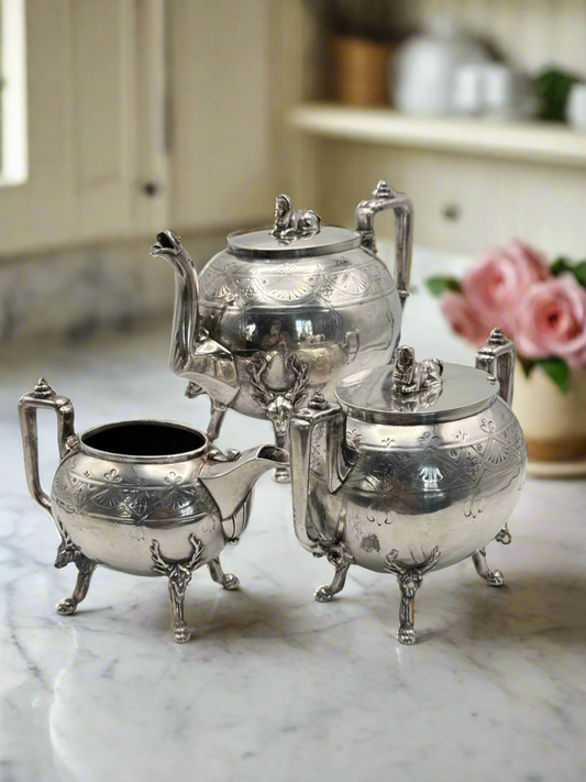 Victorian Egyptian Revival 3pc Tea Set Silverplate Sphinx Finial Reed & Barton