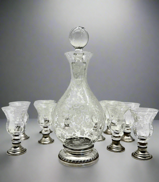 Vintage Cambridge Etched Glass Sterling Footed Cordial Set Decanter 10 Cordials