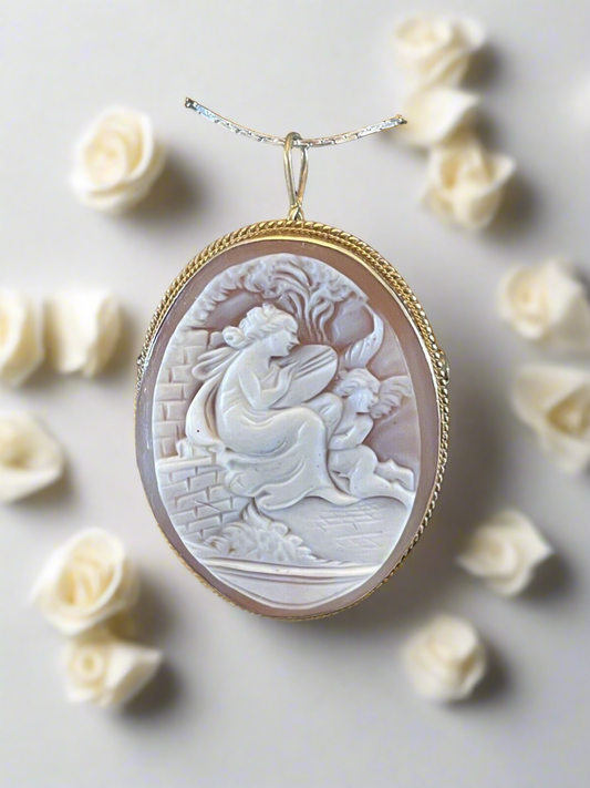 Carved Shell Cameo Greek Muse Playing Harp Cherub Gold Tone Hallmarked Vintage