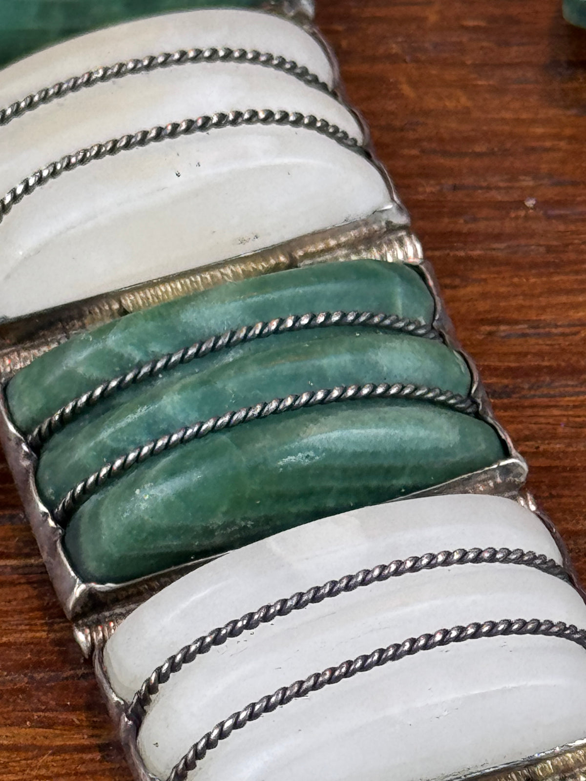 Vintage Silver Bracelet Earrings Mexico Green White Stone Articulated Set