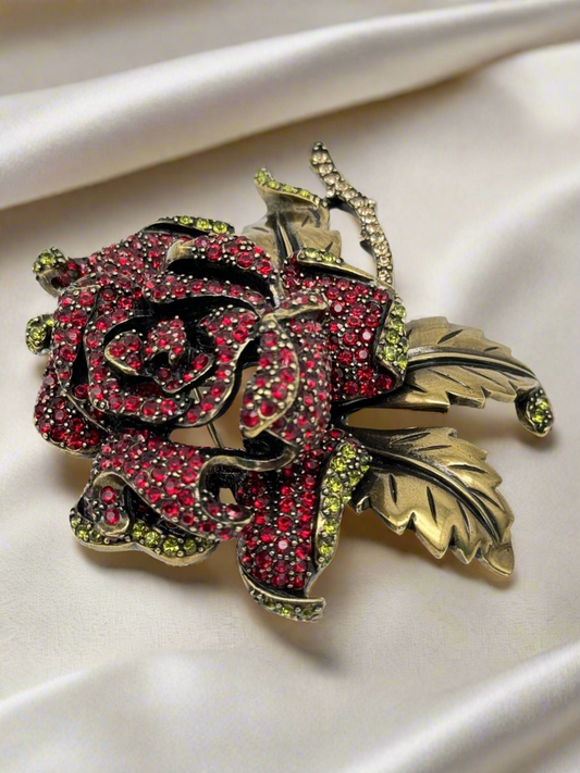 RARE LARGE Heidi Daus Brooch Red Tea Rose Flower Signed Goldtone