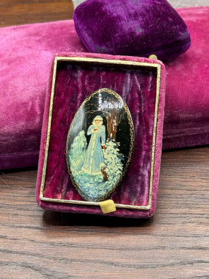 Vintage Brooch Russian Hand Painted Lacquer Winter Scene SOVAK 2.5” x 1.5”