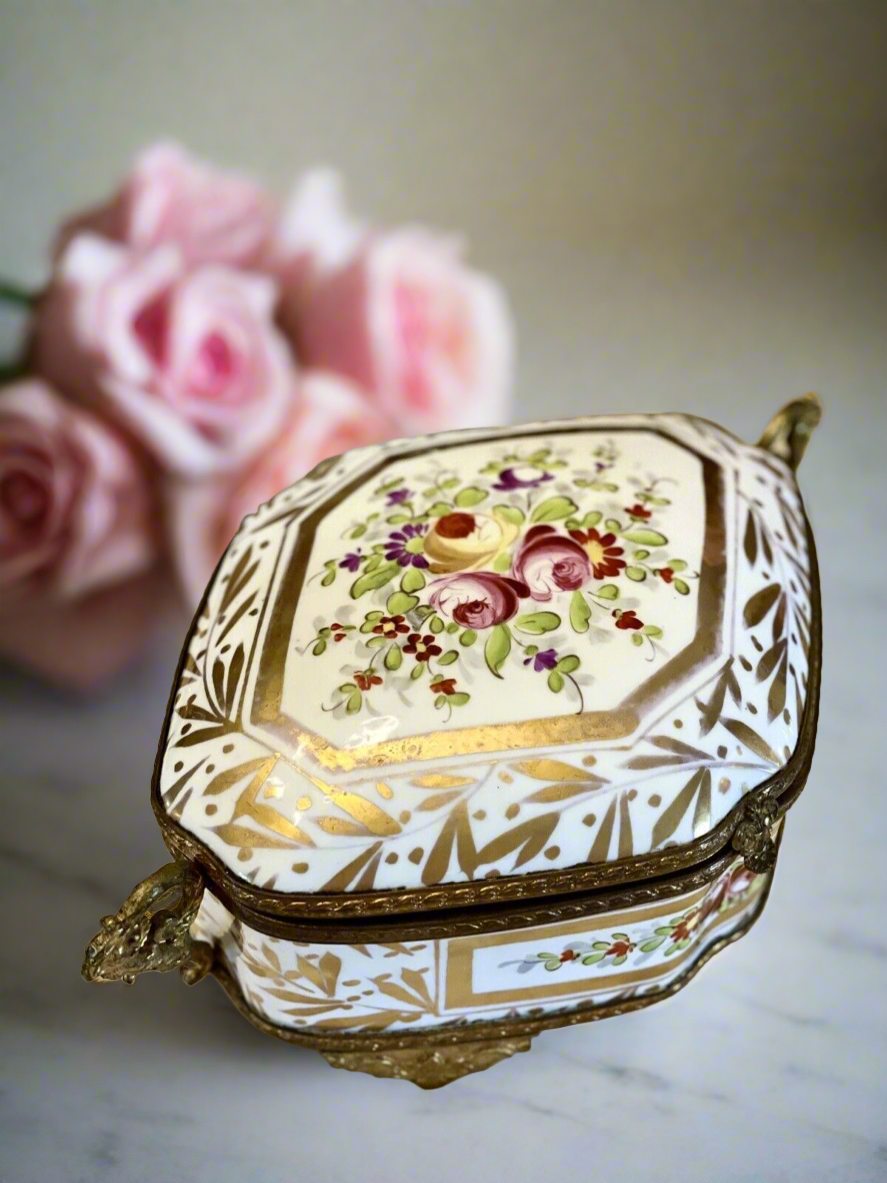 French Ormolu Jewelry Case LG Rose Gold Decor Porcelain Made In France ANTIQUE