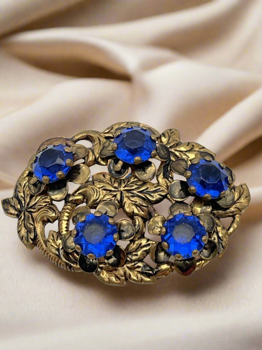 Vintage Sapphire Blue Rhinestone Czech Style Brooch EXQUISITE 2”