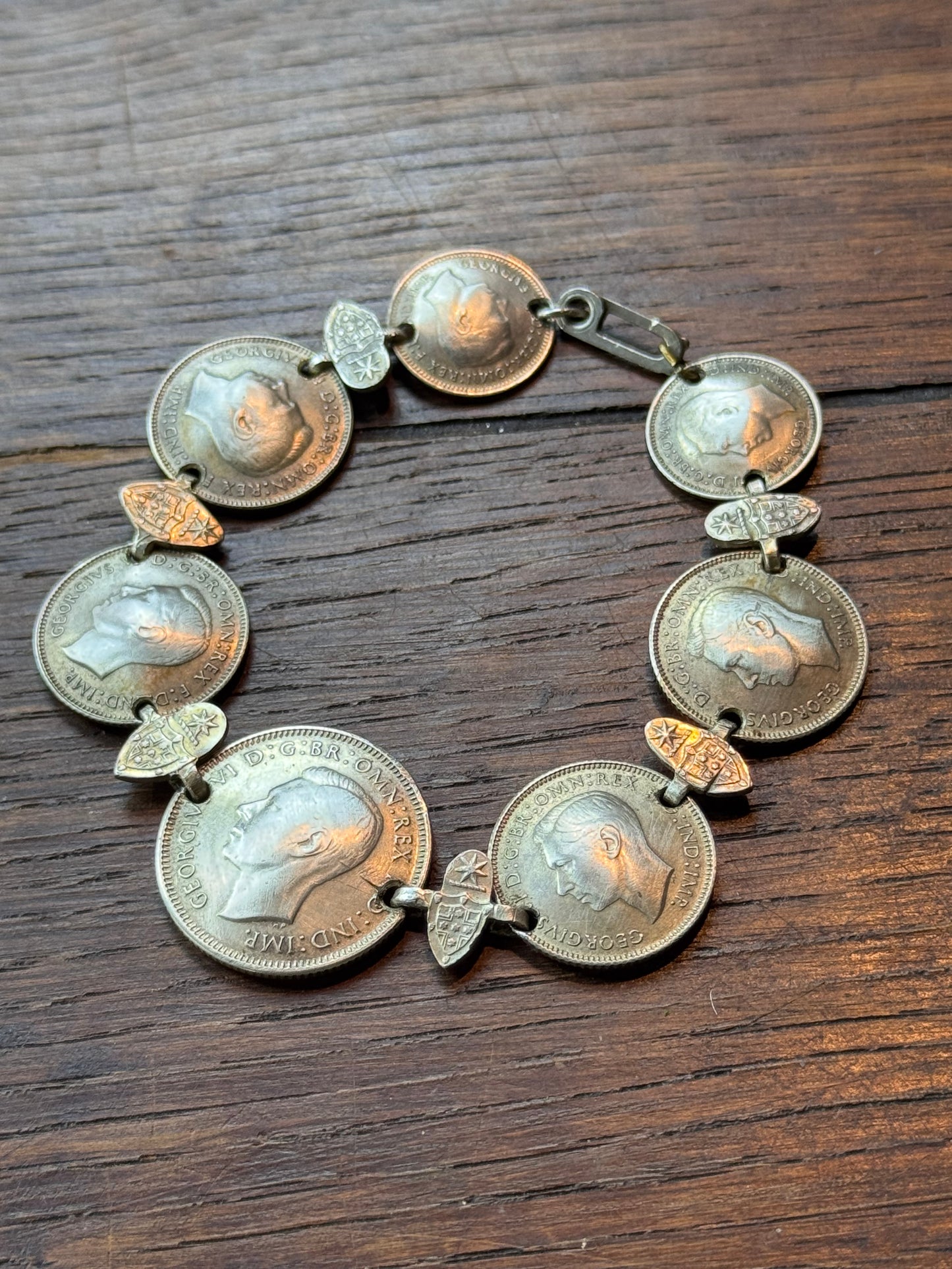 Australian Sterling Silver Coin Bracelet 7” 1942 1943 Shilling Sixpence